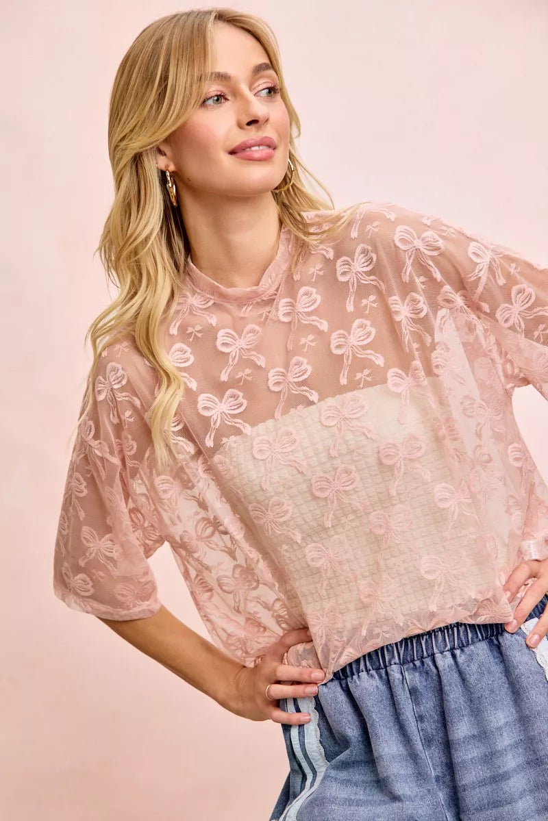 BiBi Bow Pattern Short Sleeves Boxy Mesh Top