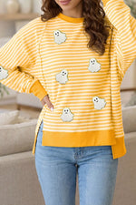 Stripe Halloween Ghost Patch Round Neck Long Sleeve Top