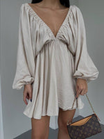 Deep V-Neck Balloon Sleeve Dress