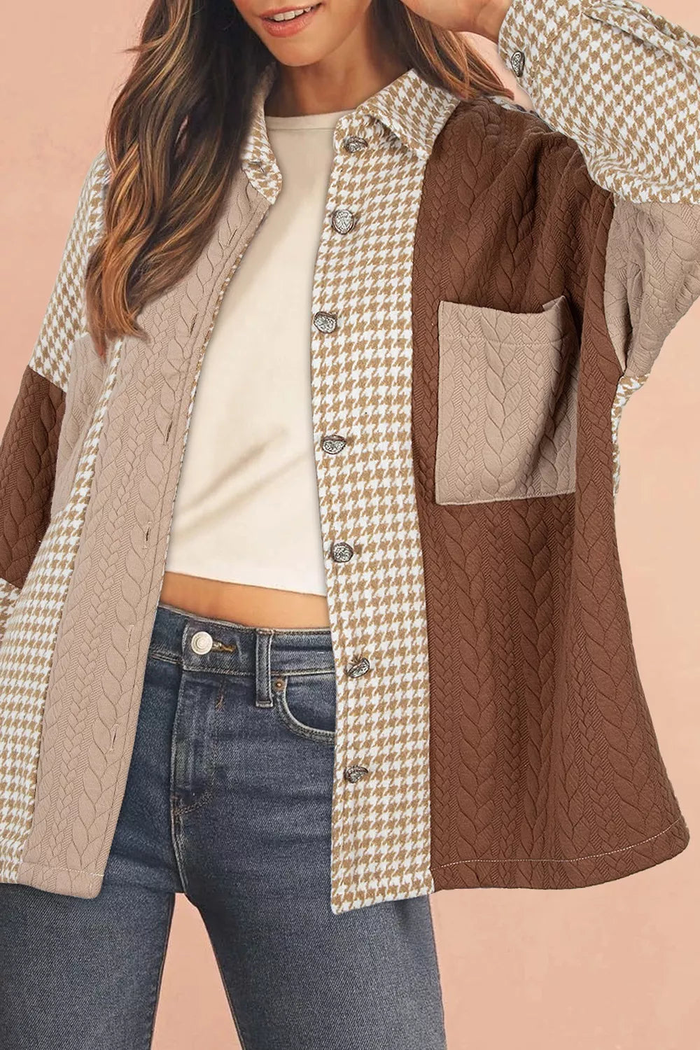 Button DownHoundstooth Color Block Shacket