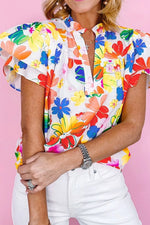 Ruffled Printed Notched Cap Sleeve Blouse