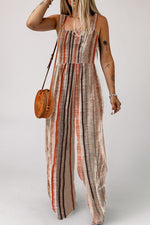 Stripe Square Neck Sleeveless Smocked Bodice Wide Leg Jumpsuit