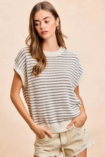 BiBi Pointelle Stripes Sleeveless Drop Shoulder Lightweight Sweater Top