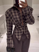 Ruched Plaid Long Sleeve Shirt