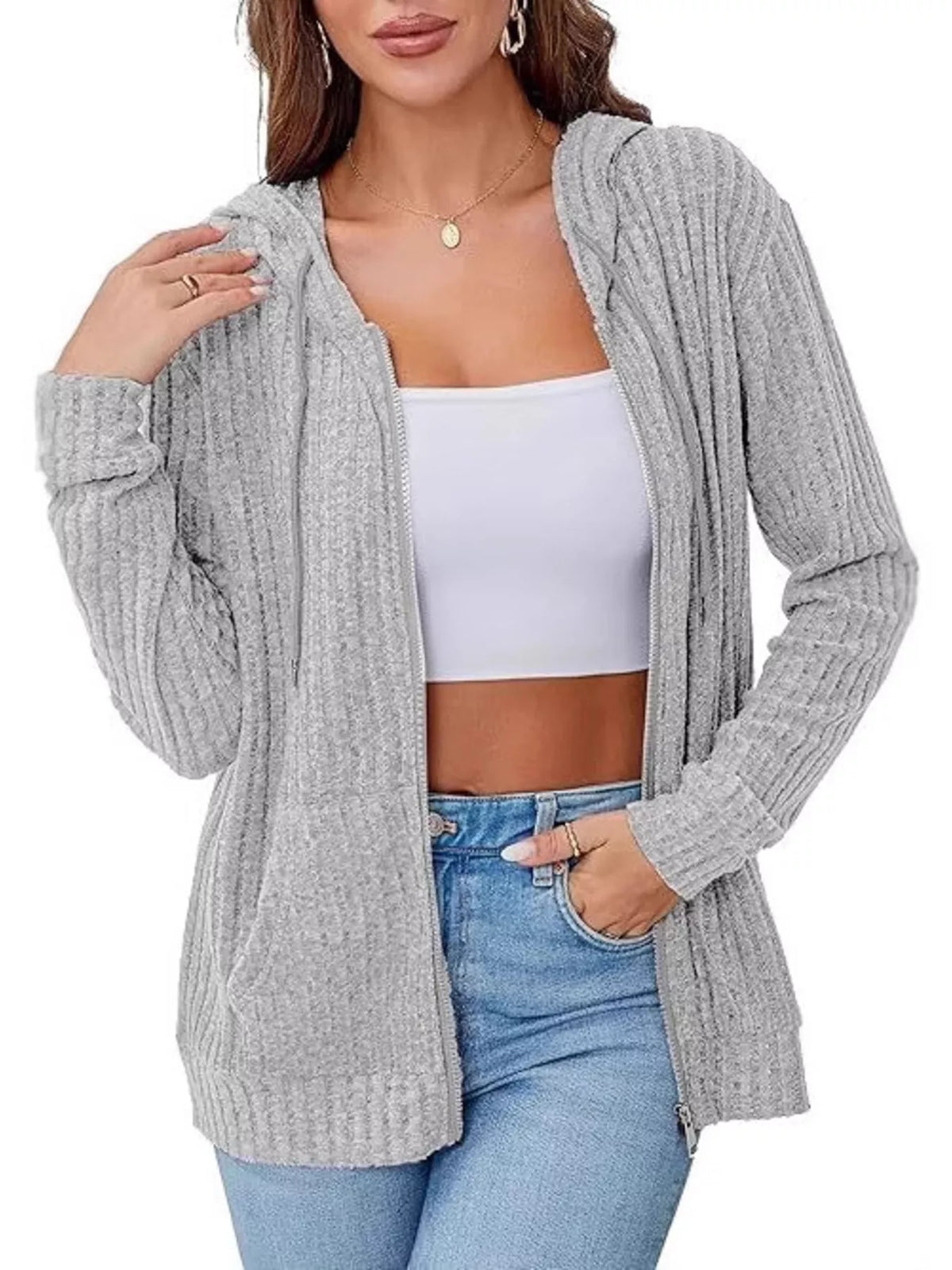 Ribbed Zip Up Hooded Outerwear