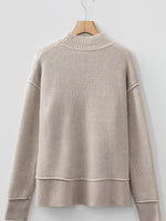 Waffle Texture Knit Ribbed High Neck Drop Shoulder Sweater