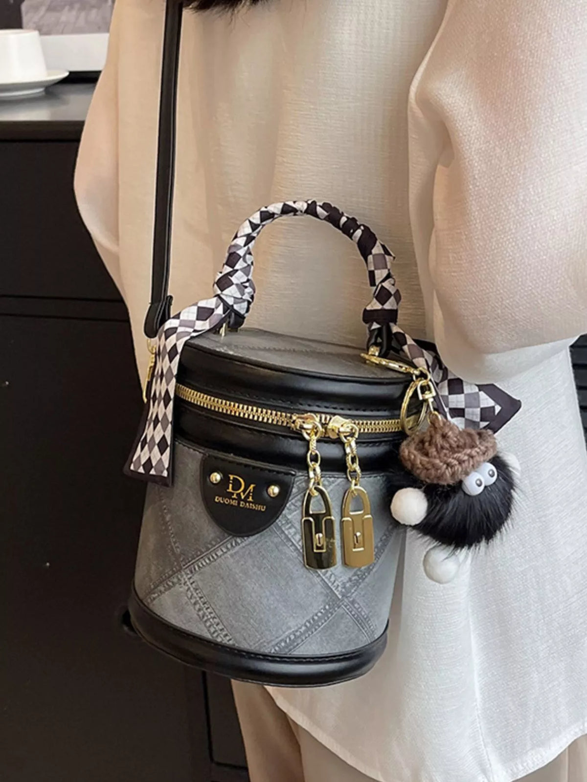 Bucket Crossbody Bag with Scarf Accent