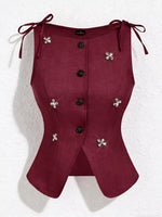 Button-Front Floral Decor Tie Shoulder Vest