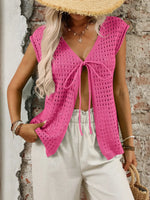 Tied Front Openwork V-Neck Knit Top