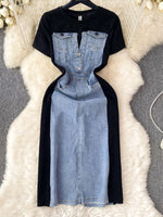 Full Size Denim Patchwork Short Sleeve Slit Back Dress Plus Size
