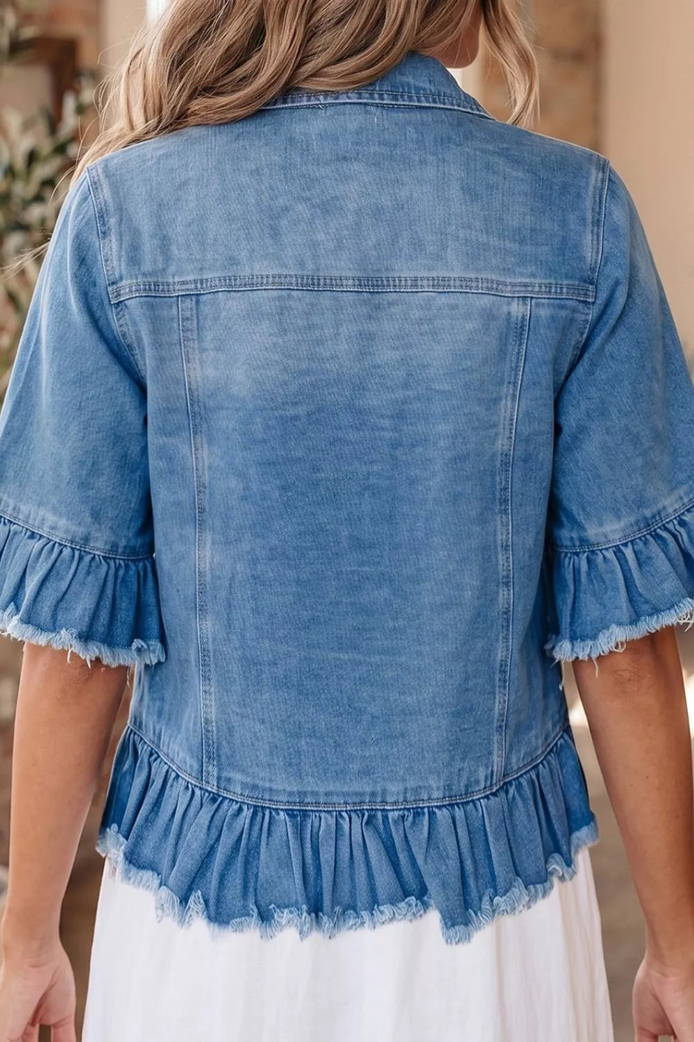 Ruffle Hem Raw Edge Half Sleeve Western Denim Jacket