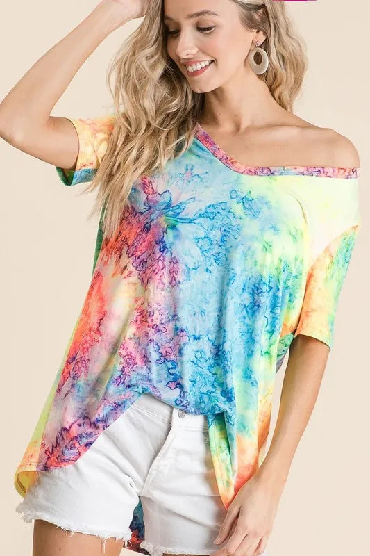 BiBiTie Dye Print Jersey V Neck Top