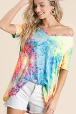 BiBiTie Dye Print Jersey V Neck Top