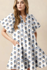 Floral Puff Sleeve Mini Dress with Pockets