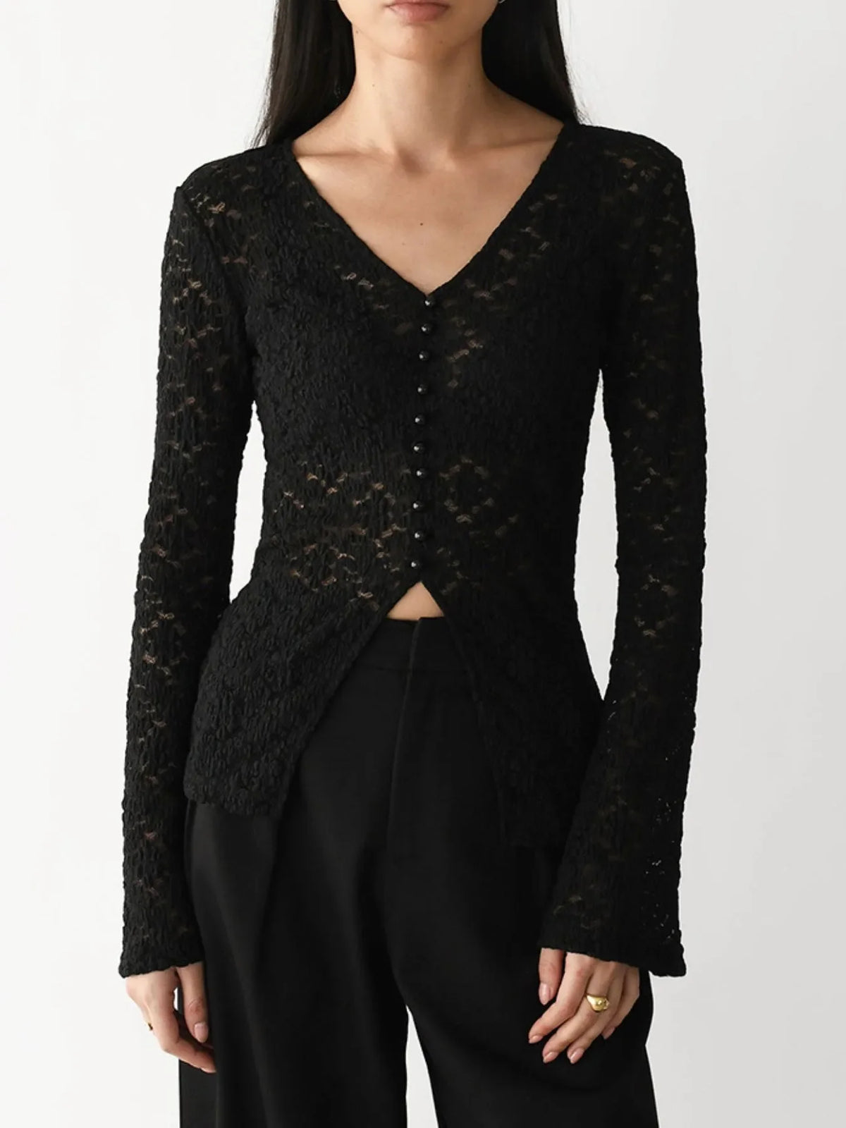 Lace V-Neck Flare Sleeve T-Shirt