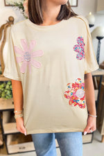 Flower Patched Exposed Stitching Trim Crew Neck Loose Tee