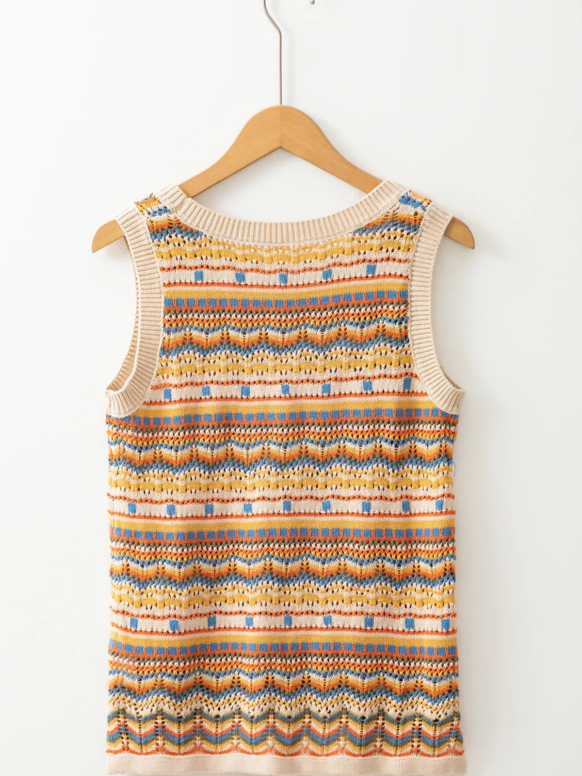 Stripe Eyelet Crochet Round Neck Sweater Vest