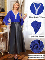 Sequin V-Neck Flounce Sleeve Blouse