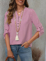Striped V-Neck Roll-Up Sleeve Blouse