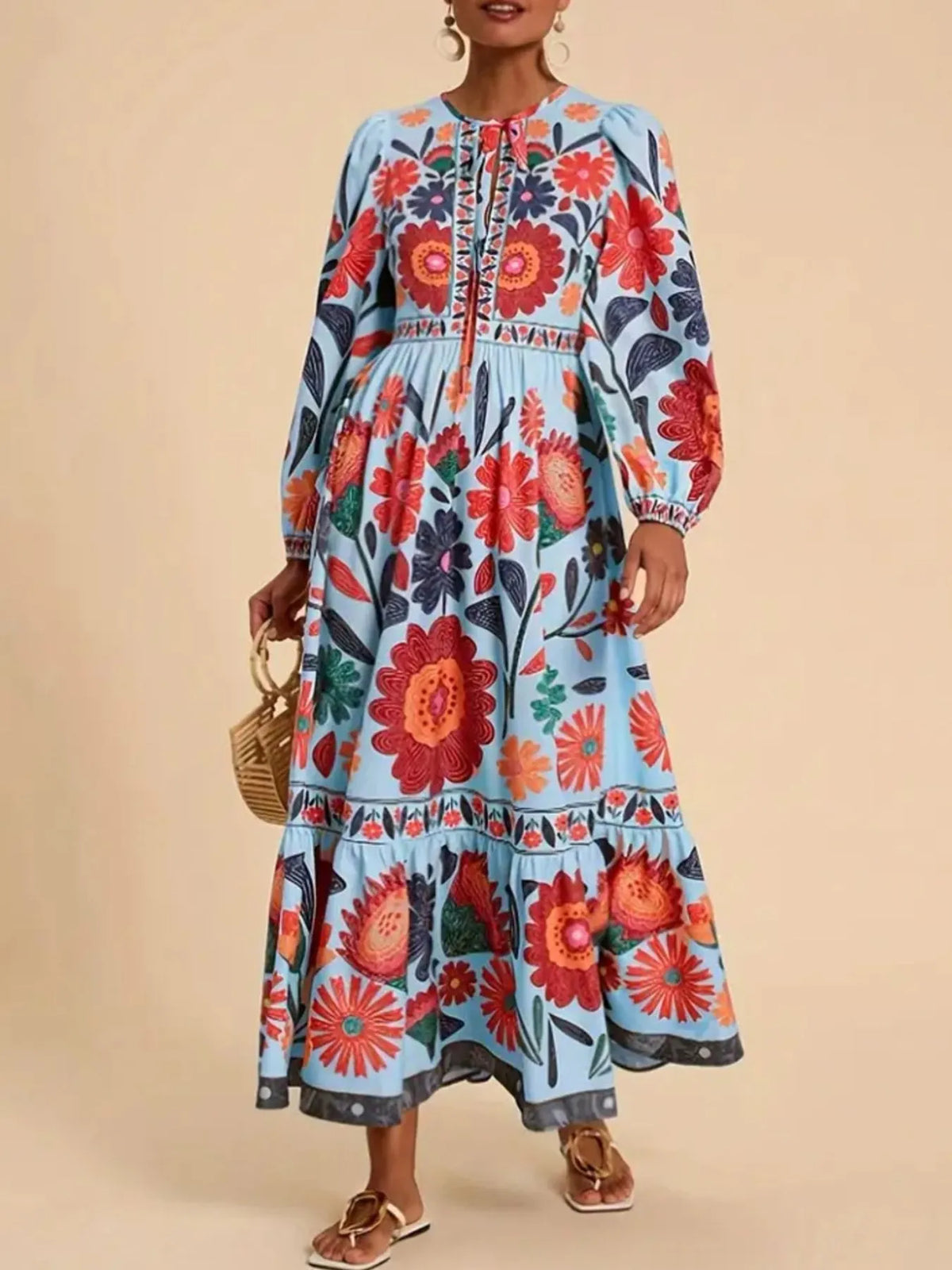 Floral Tie Waist Long Sleeve Dress