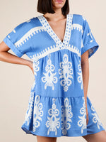Printed V-Neck Short Sleeve Mini Dress