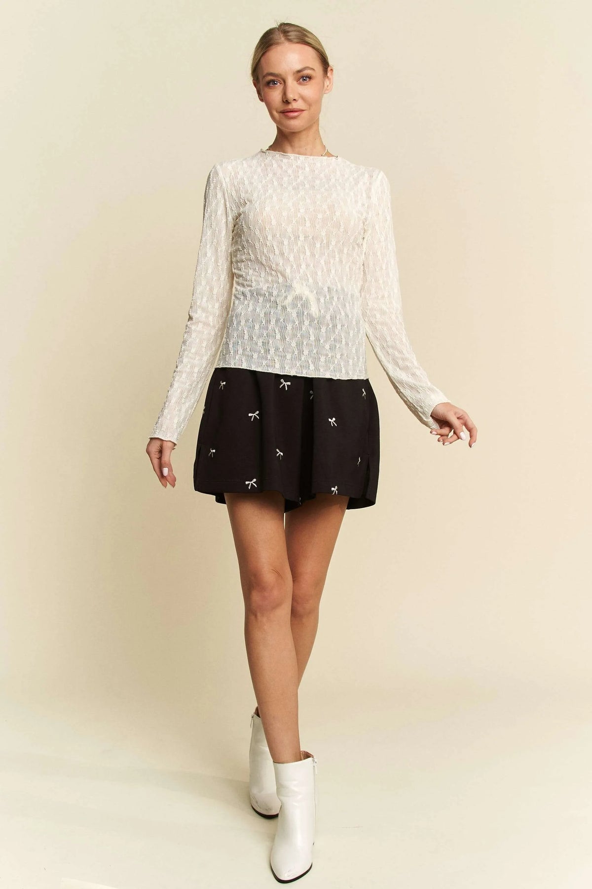 Davi & Dani Long Sleeve Sheer Small Embroidered Bows Lace Top