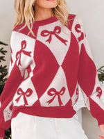 Bow Print 2-Tone Rhombus Knit Loose Sweater