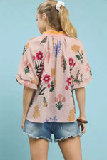 Umgee Floral Puff Sleeve Blouse with Scallop Trim Collar
