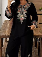 Full Size Embroidered Long Sleeve Top and Pants Set Plus Size