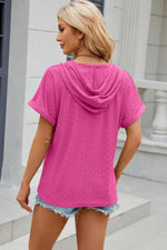 Eyelet Drawstring Hooded Short Sleeve Blouse