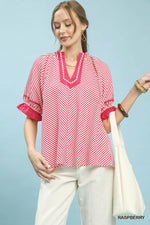 Umgee Stripe Ruffle Sleeve Split-Neck Blouse