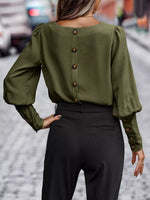 Back Button Lantern Sleeve Blouse