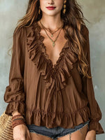 Ruffle V-Neck Long Sleeve Blouse