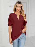 Florira Eyelet Notched Short Sleeve T-Shirt