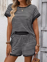 Striped Casual Round Neck Top and Shorts Set