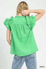 Umgee Textured Ruffle Sleeve Notched Top