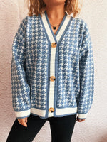 Houndstooth Pattern V-Neck Button-Up Cardigan