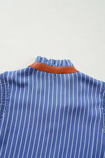 Stripe Frilly Split Neck Shirred Ruffle Sleeve Short Shift Dress