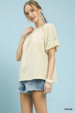 Umgee Round Neck Puff Sleeve Top with Contrast Stitch Detail