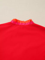 Striped Trim Ruffle Split Neck Long Sleeve Blouse