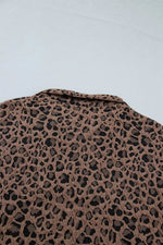 Leopard Jacquard Striped Patchwork Half Zip Short Sleeve Blouse