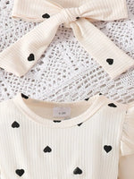 Children's Heart Print Ruffle Trim Bodysuit Dress with Headband