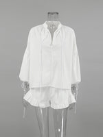 Tie Neck Balloon Sleeve Blouse and Shorts Set