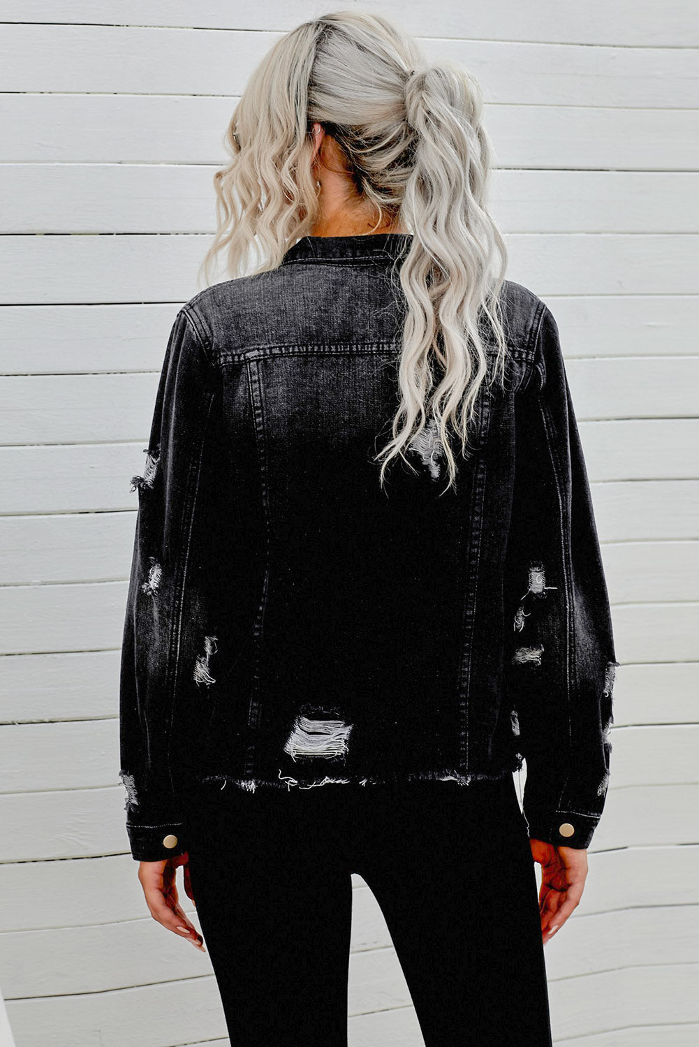 Distressed Raw Hem Buttons Denim Jacket