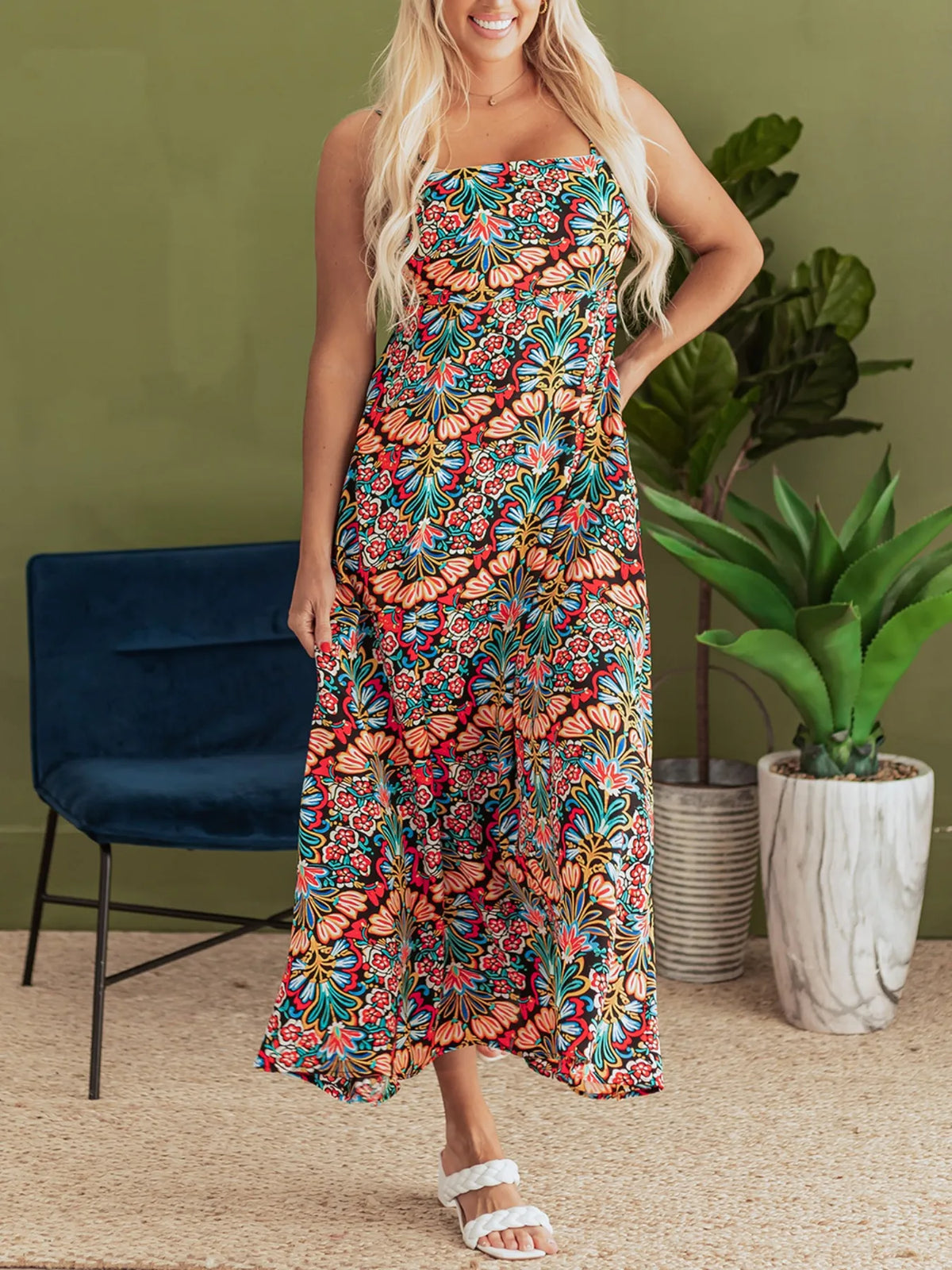 Floral Print Thin Straps High Waist Maxi Dress