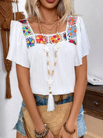 Embroidered Square Neck Flutter Sleeve Blouse