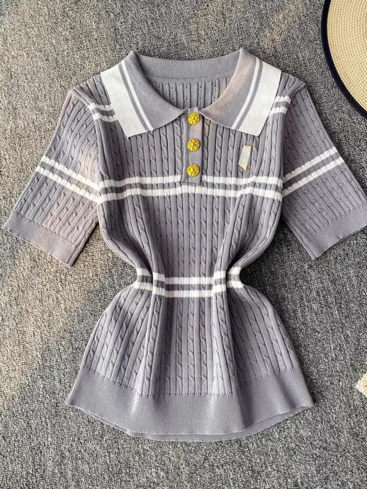 Striped Knit Polo Collar Top