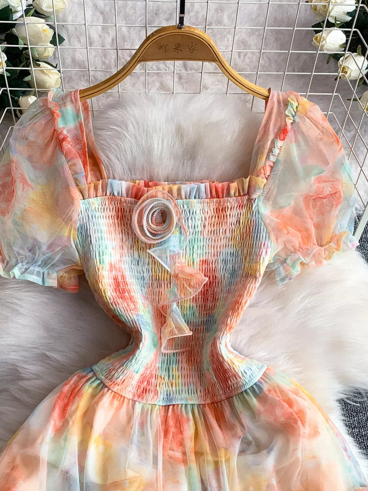 Smocked Floral Tiered Mesh Midi Dress