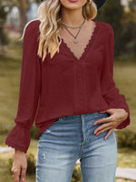 Lace Trim V-Neck Blouse with Flounce Sleeves