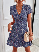 Printed Ruffled Hem V-Neck Short Sleeve Mini Dress